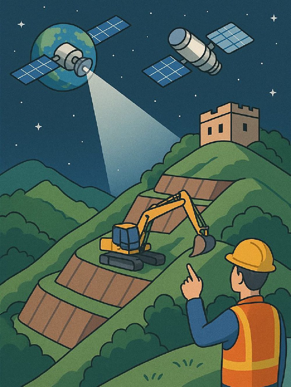 宣導插畫：兩顆衛星從夜空掃描金門丘陵，山坡上一台怪手正在開挖出階梯狀的裸露土坡，坡下一名戴安全帽、穿反光背心的人員舉手指認。